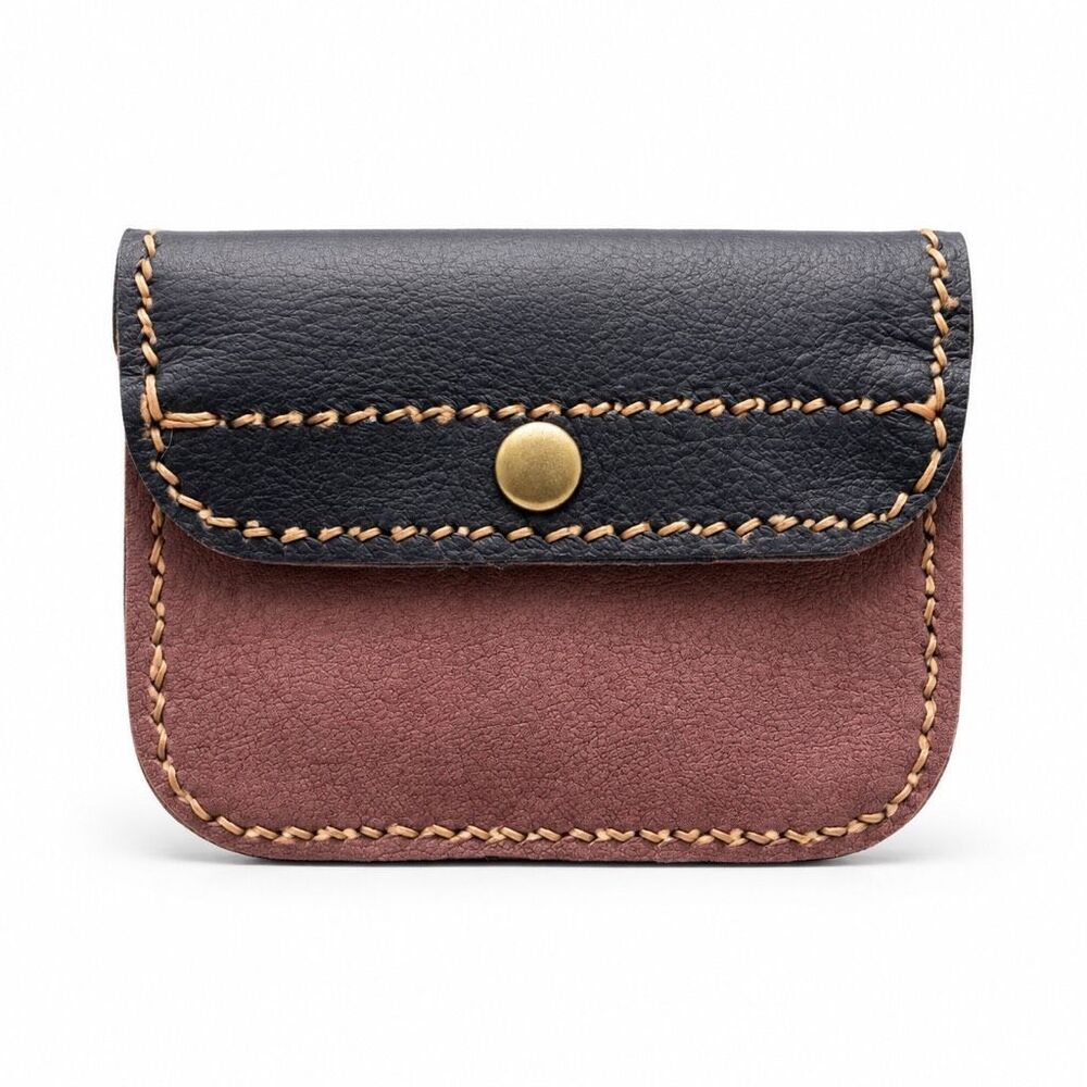 Handmade Thai Leather Snap Wallet Navy Mauve Artisan Coin Pouch New